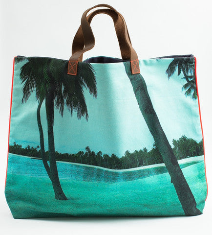 DEZSO MALDIVE AQUA SINGLE PALM TREE TOTE